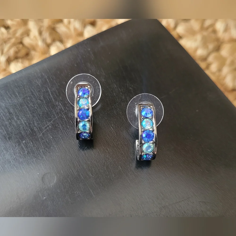 Brilliant Blue & Aqua Stones in Petite Gunmetal Hoops